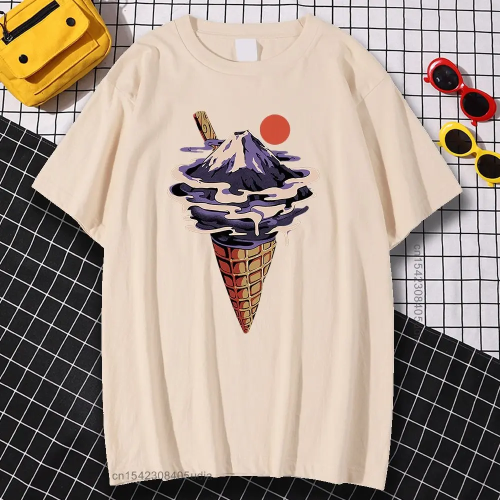 Fuji Ice Cream Print Mens T-Shirt Summer Vintage Tee Summer Breathable T Shirt Vintage Loose Tops Men