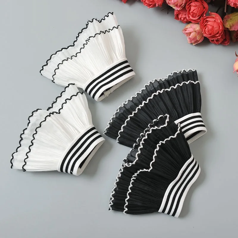 White Lace Fake Sleeves Women For Sweater Decorative Fake Cuffs Sleeves fashion Lace Flounces Pleat Buttoned Wrist False Sleeves