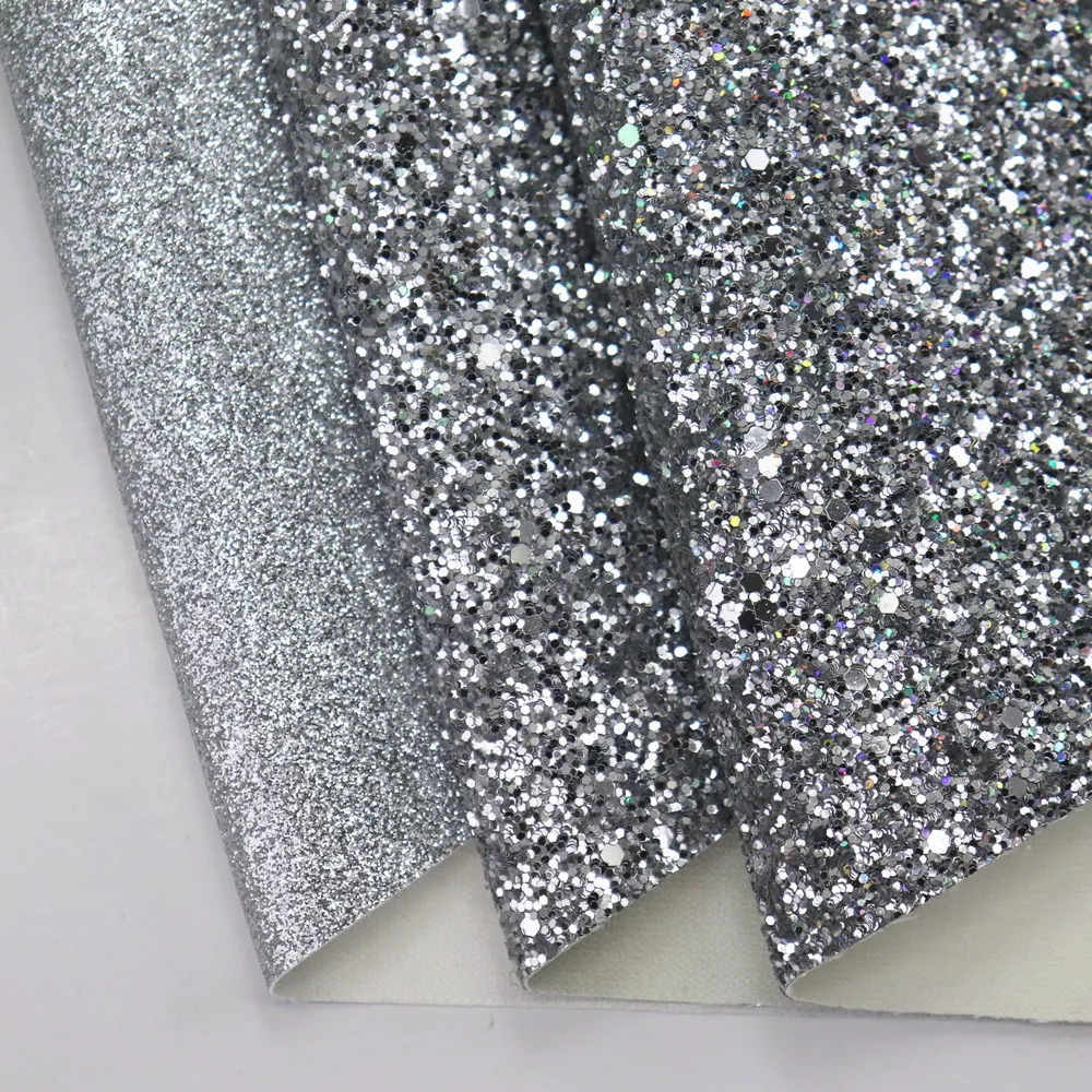 30X134cm Roll Silver Plain Dyed Chunky Glittter Fabric Fine Glitter Fabric Leather For Bows Earring Home Decoration DT007