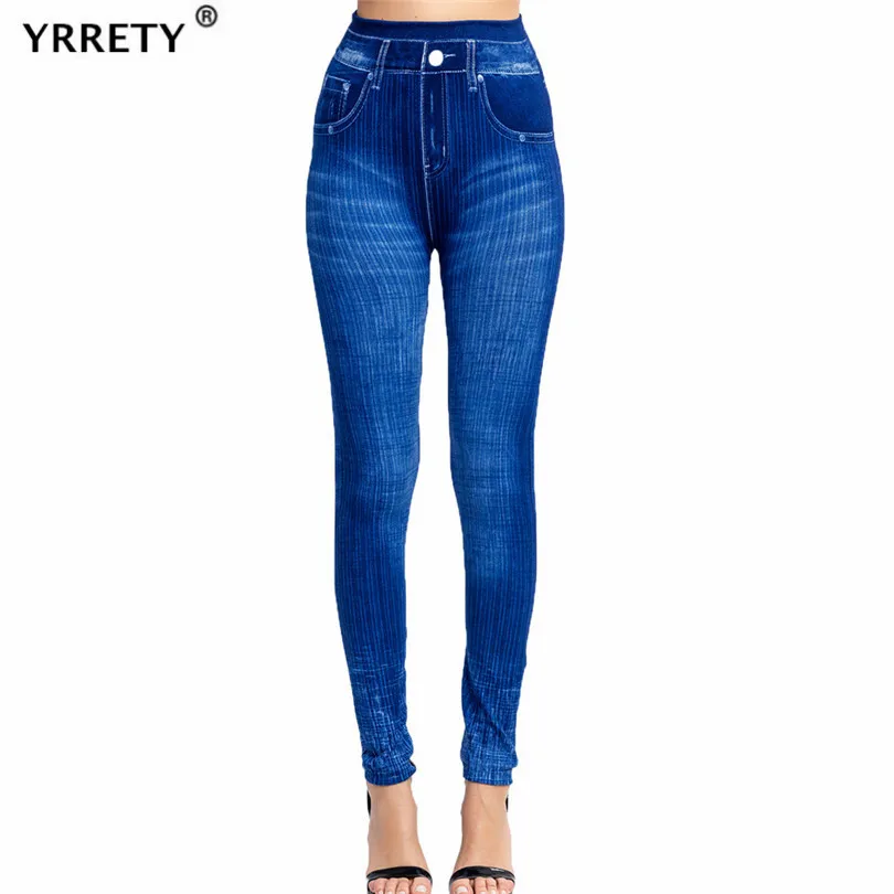 Yrrety calças de treino feminino elástico yoga fitness esportes sem costura leggings falso denim jeans listra cintura alta empurrar para cima calças