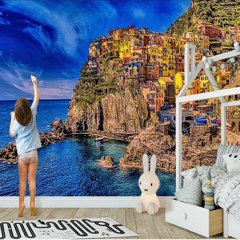 European Style Water City Landscape Oil Painting Background Wall Mural Decor Self-Adhesive Waterproof 3D Stickers Papel De Pared