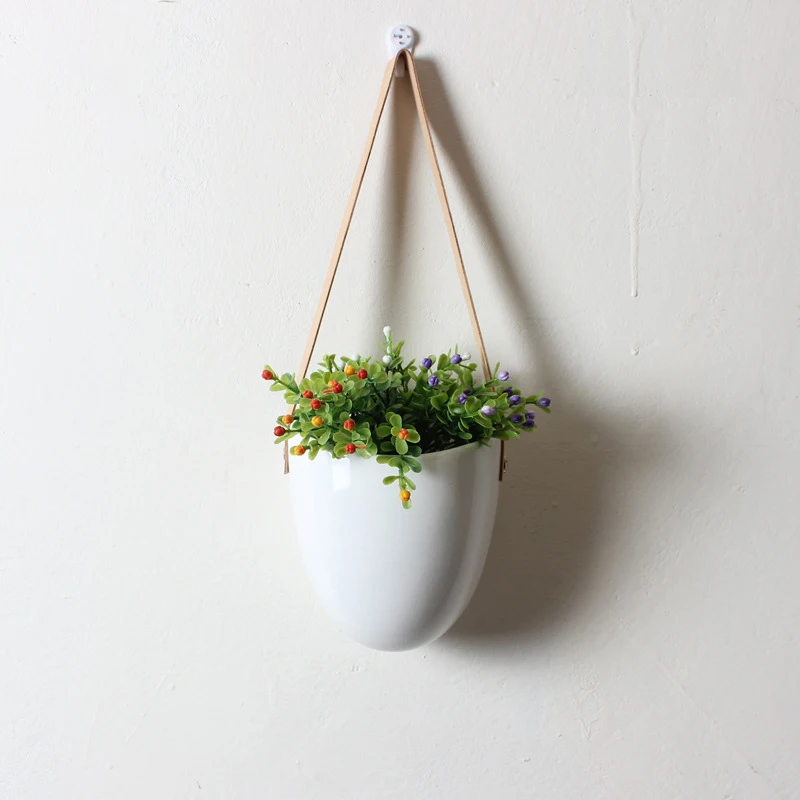 Set of 3 Ceramic Hanging Planters for Succulent Air Plants Flower Pots with Leather Strap Wall Flowerpots Home Garden Decoration image 5