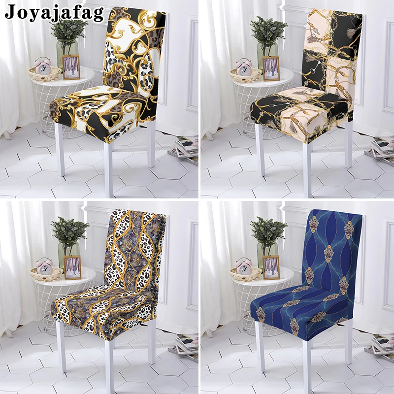 Fashion Gold Chain Design Chair Covers Elastic Stretch Dining Universal Siz Seat Cover Anti-dirty Washable For Wedding Kitchen