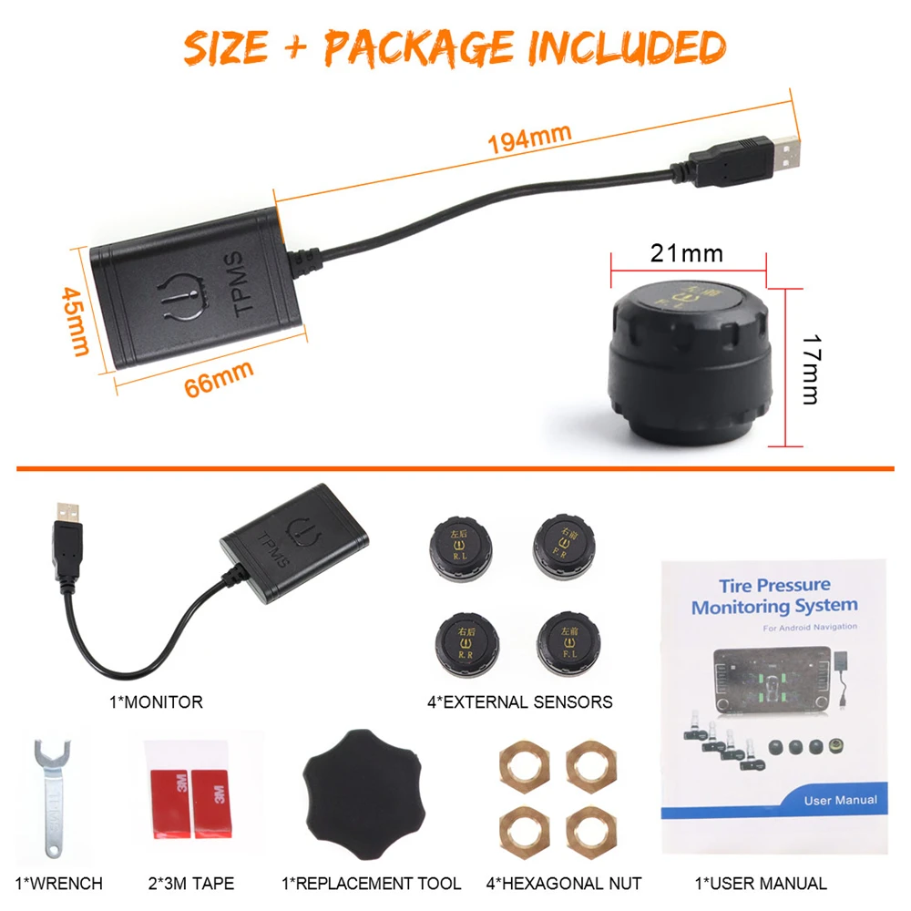 ZWNAV Built-in and External TPMS Car Tire Pressure Monitoring System Car 4 External Sensor Alarm System Improve Fuel Efficiency