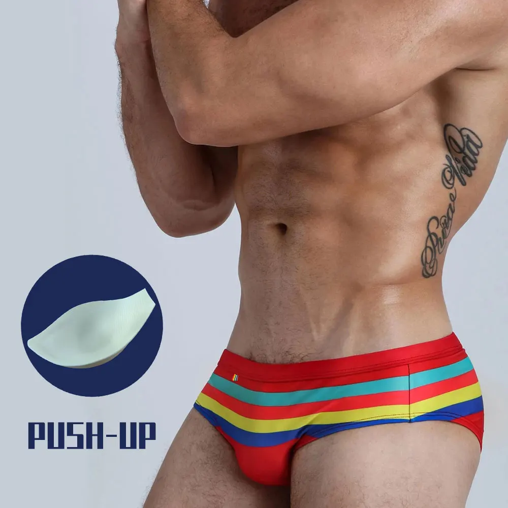 UXH Padded Men swimsuit Color Stripes Swimming Briefs Mens Breathable Bathing Sunbath Swimwear Man Push-Up Pad Swim Suit beach