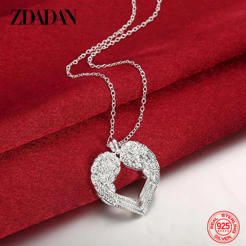 ZDADAN 925 Sterling Silver Heart Wings Pendant Necklace Chain For Women Fashion Wedding Jewelry