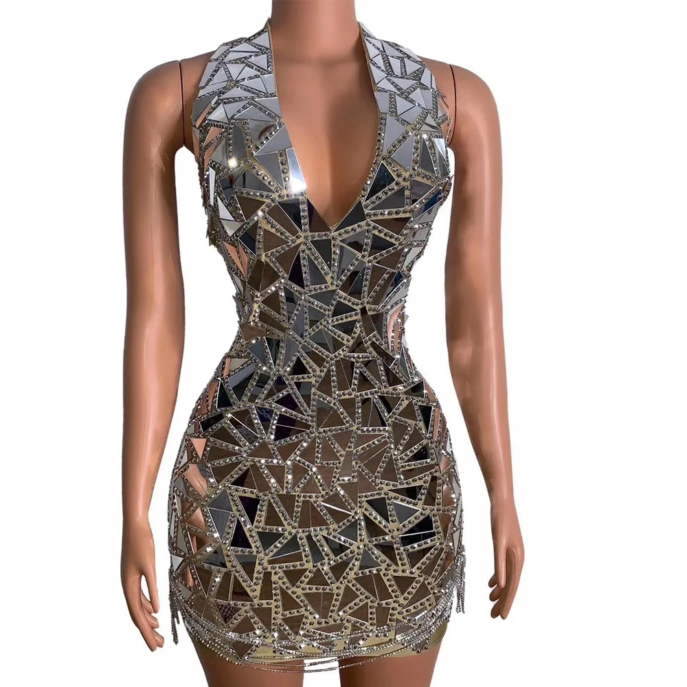 

Sparkly Sequins Backless Mirrors Shining Bodysuit Women Dress Birthday Celebrity Evening Outfit Singer Stage Dance Costume