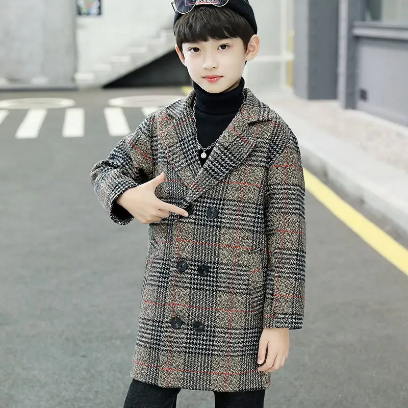 5-14T Boys Woolen Coat For Winter 2021 New Fashion Plaid Turn Collar Thick Warm  Woolen Jacket Gray/khaki High Quality