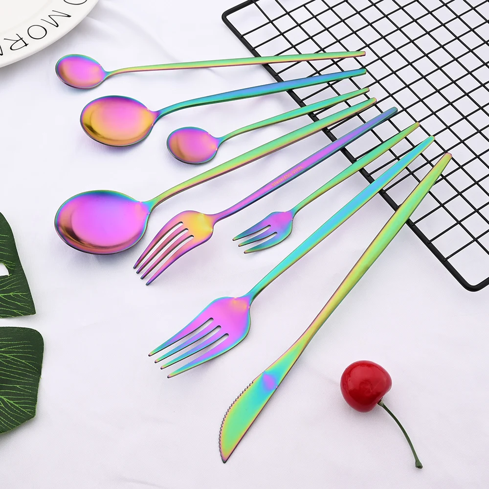 Matte Rainbow Tableware Cutlery Set Stainless Steel Dinnerware Dinner Party Silverware Fork Spoon Knife Fruit Fork Flatware Set