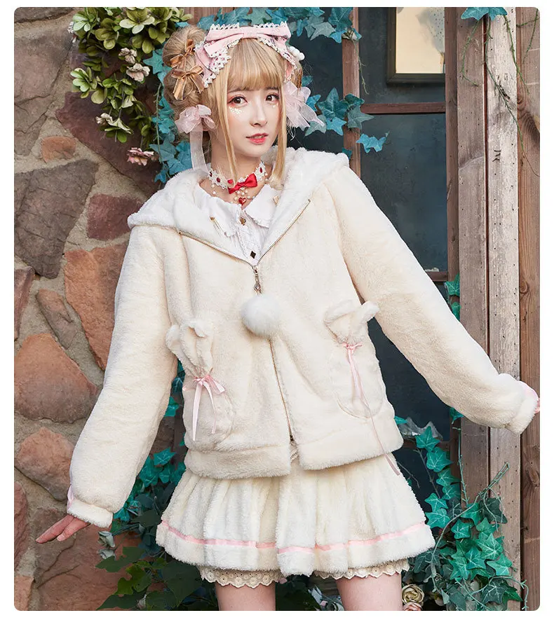 Manteau en peluche Lolita automne et hiver, manteau en peluche, oreilles de chat, oreilles de lapin, veste victorienne, manteau gothique, loli cos lolita top