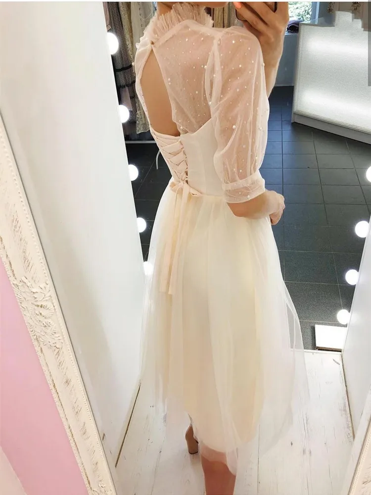 LSYX-Robe de Mariée Courte Élégante en Dentelle Organza pour Femme, Demi-Manches, Ceinture, Bouton, Dos aux, Design Perles