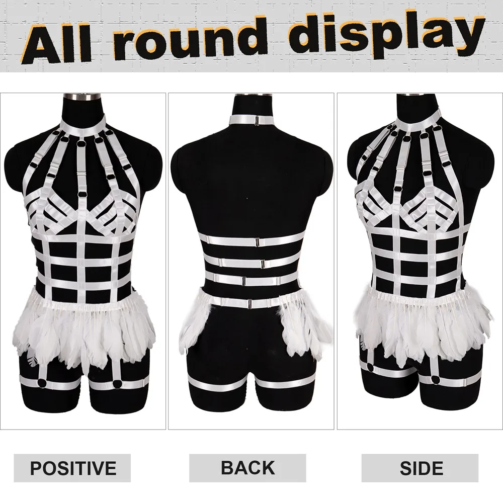 

Feathers Harajuku Lingerie Set Full Body Fetish Lingerie Set Harness Fashion Waist Suspender Belt Pole Dance Rave Punk Goth