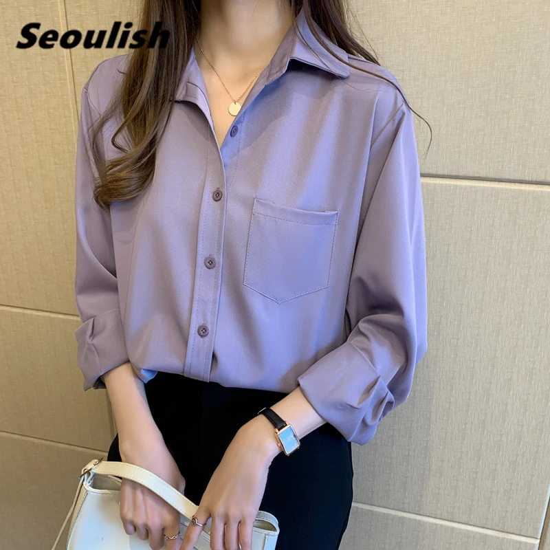 

Seoulish Pink Office Ladies Blouse 2021 New Spring Autumn One Pocket Elegant Long Sleeve Single Breasted Women's Shirts Tops