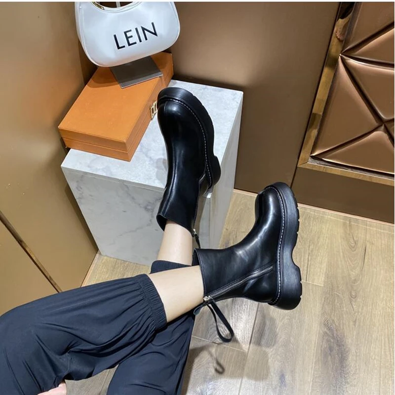 CICIYANG Women Winter British Style Chelsea Short Boots 2024 Chunky Genuine Leather Marton Boots Autumn Ladies Ankle Boots Black