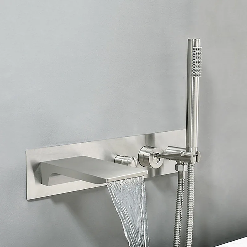 

Wall Mounted Bathtub Faucet with Handheld Shower And Wide Waterfall Spout Brushed Gold/Brushesd Nickel Finish