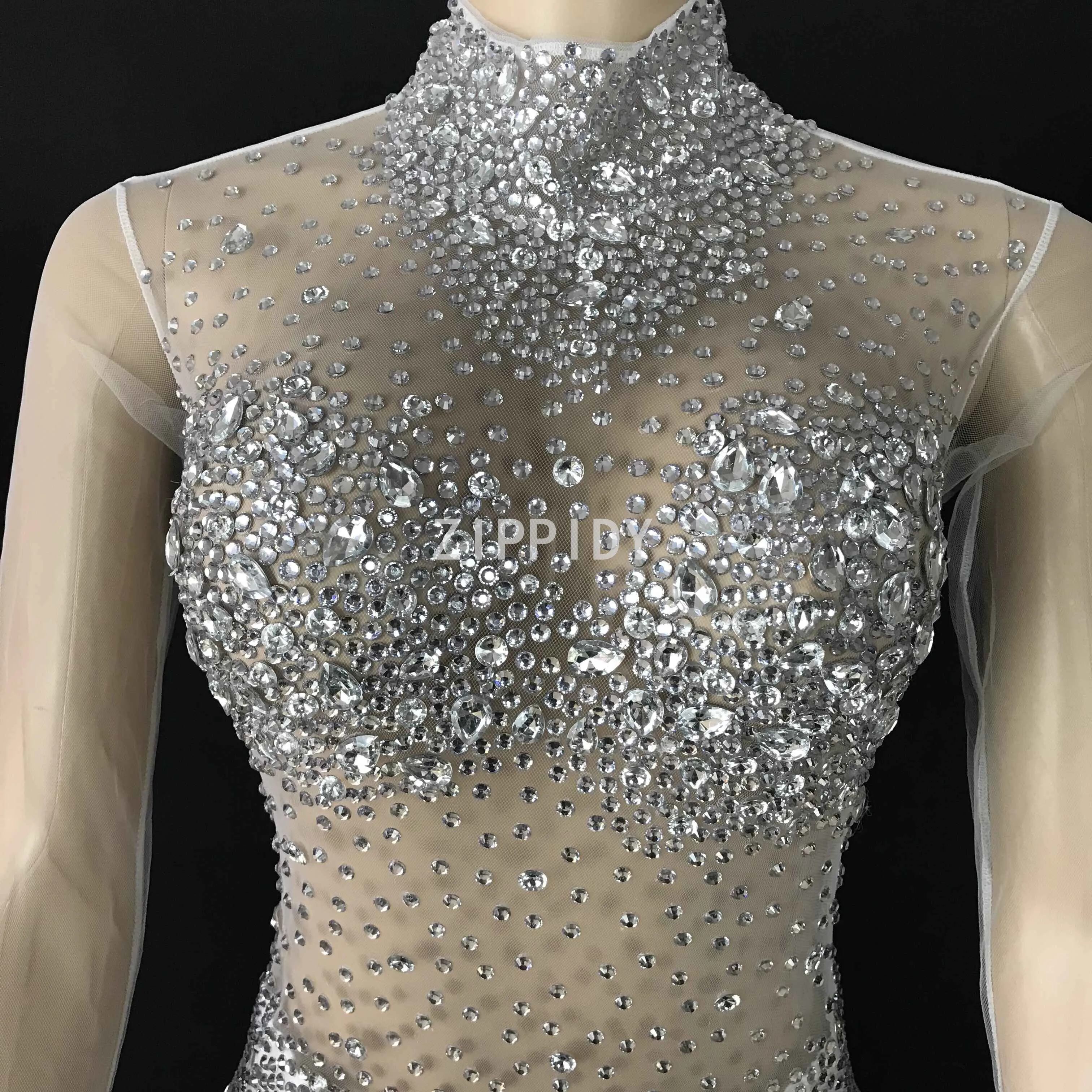 Silver Rhinestones White Mesh Jumpsuit Full Stones Leggings Female Singer Show Club Outfit Prom Party Celebrate Wear