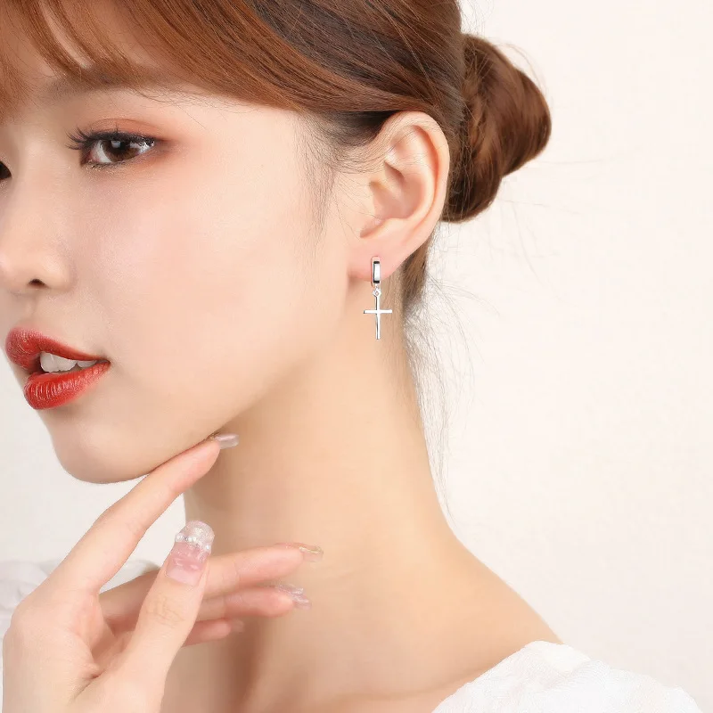 VENTFILLE 925 Sterling Silver Personality Cross Hoop Earrings For Women Temperament Personality Trendy Jewelry Gift 2021 New