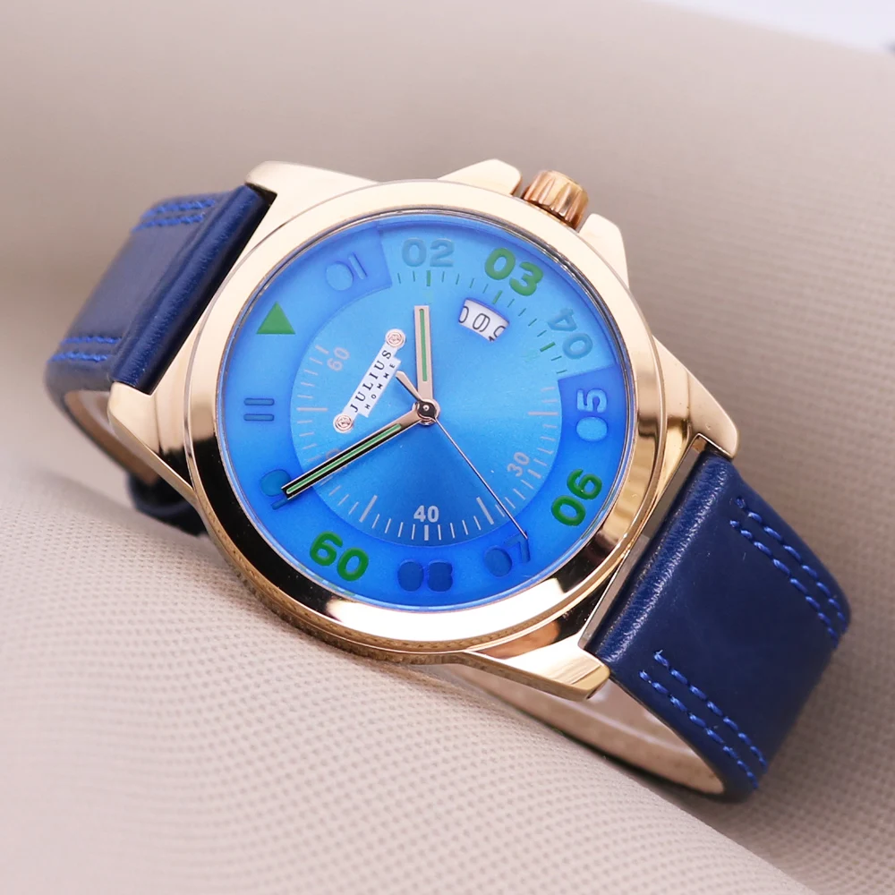 Top Auto Date Julius Men\'s Homme Wrist Watch Fashion Hours Dress Bracelet Retro Leather Young Student Boy Birthday Gift Box