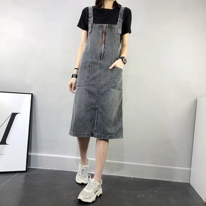 Spring 2022 Summer Vintage Denim Dresses Women Korean High Waist Slim Jeans Mid Dresses Sleeveless Spaghetti Strap Ladies Dress