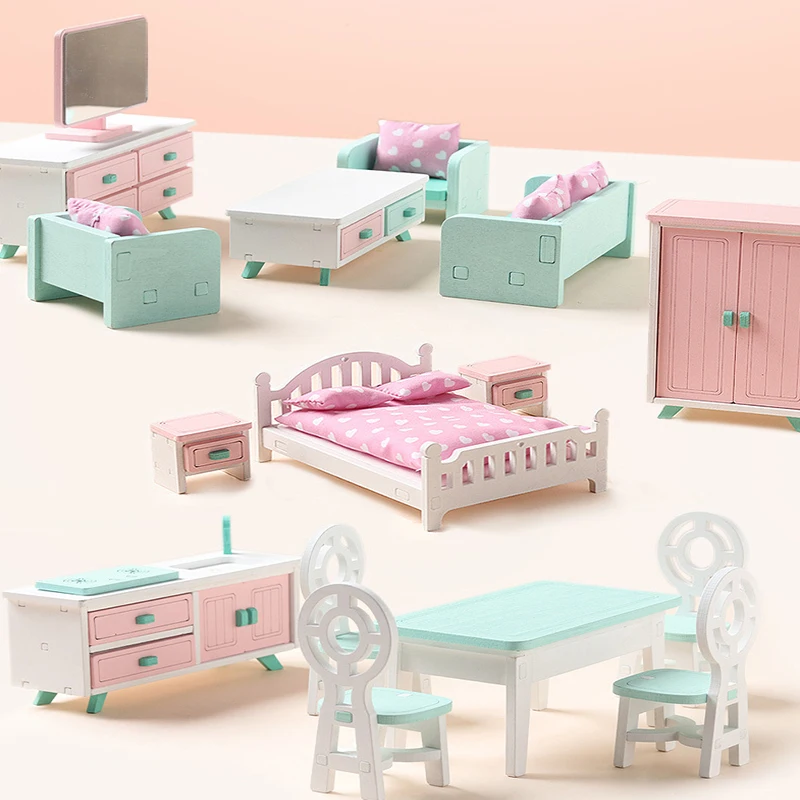 Kids Miniature DollHouses Furniture Play House Toys Wooden Bedroom Living Room Dining Accessories Puzzles Wooden Toys For Girls