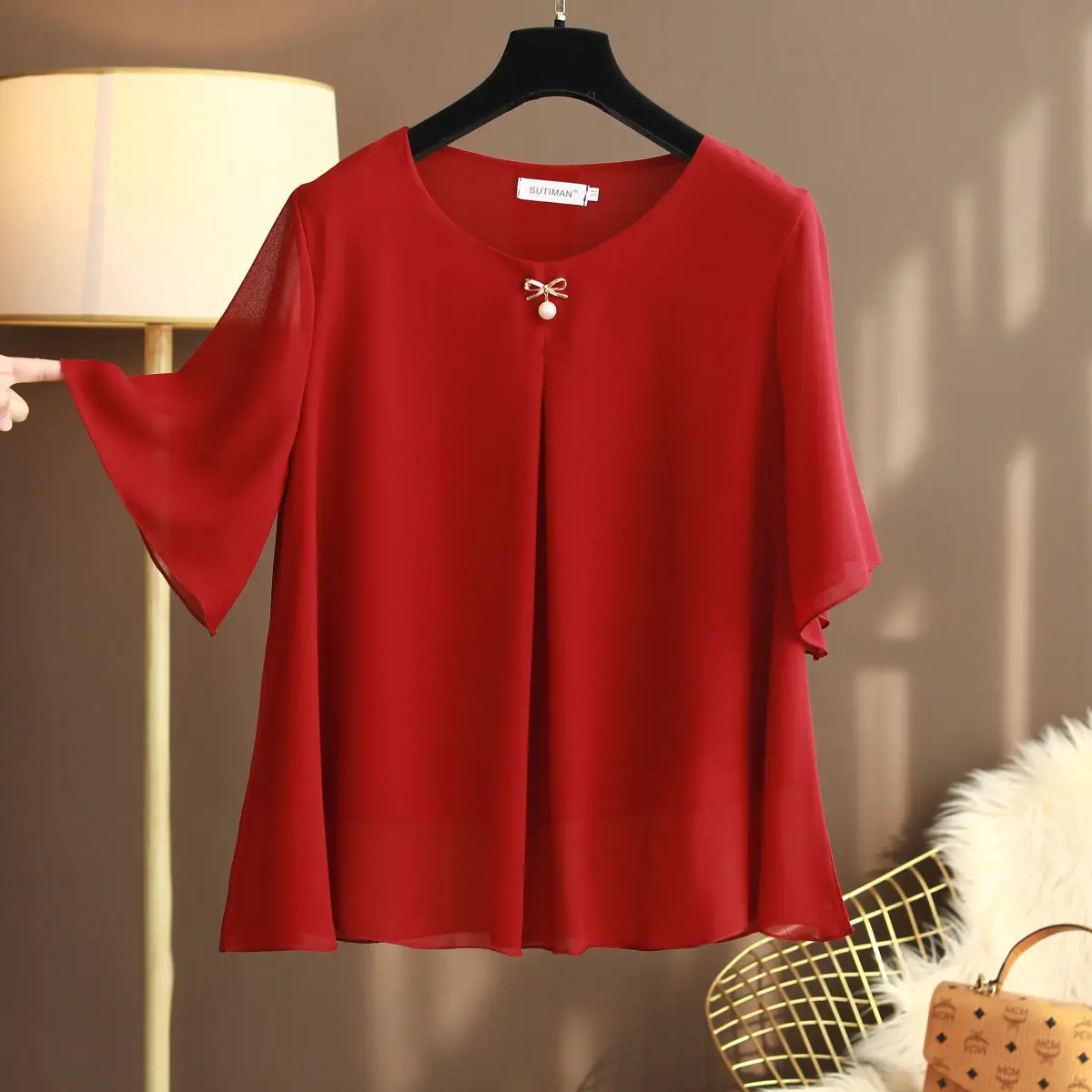 Banerdann New Summer obesity Women Chiffon Shirt Summer H sleeve O-neck Blouse Casual Solid White/Red Loose Oversize Lady Tops