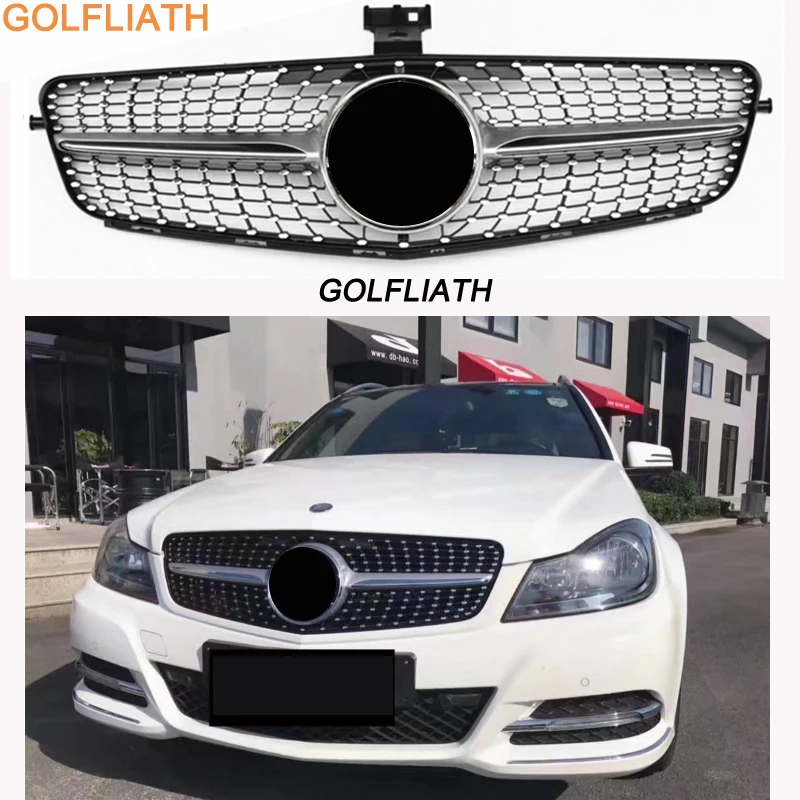 Glossy Black GTR Style Front Bumper Grille Chrome Silver Diamond Grille For Mercedes Benz C-class W204 2008-2014 C180 C200 C350