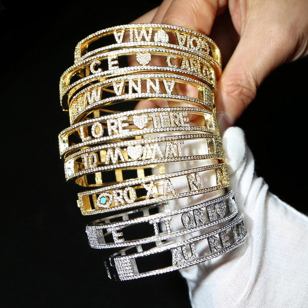 Micro Pave CZ Cute Lovely Evil Eye Heart 26 Initial Charm Slider Moving Alphabet Letter Name Bangle For Women