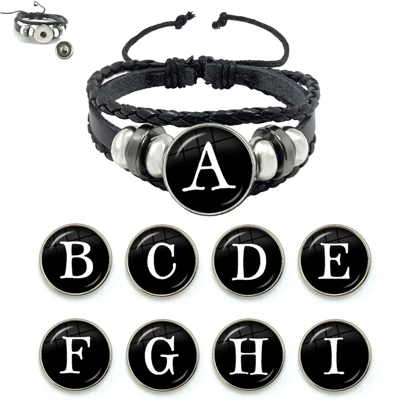 26 Letter Bracelet Personality Team Name Rope Bracelet Black Button Leather Glass Bracelet Male Female Fashion Accessories Gift