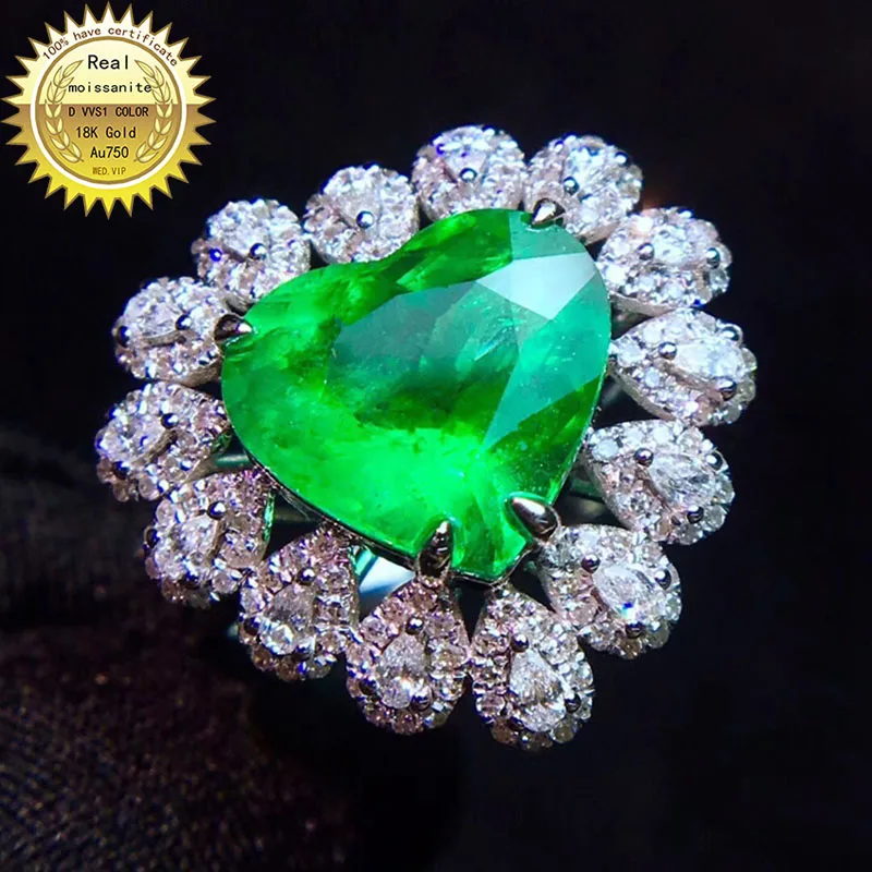 

9K Gold ring Lab Created 5ct Emerald and Moissanite Diamond Ring With national certificate Em-022