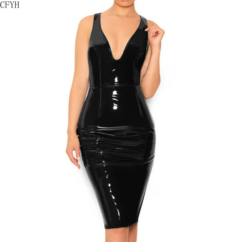 

Women Sexy Shiny Wetlook PVC Dress Zipper Faux Leather Clubwear Deep V Neck Sheath Dresses Plus Size 6XL