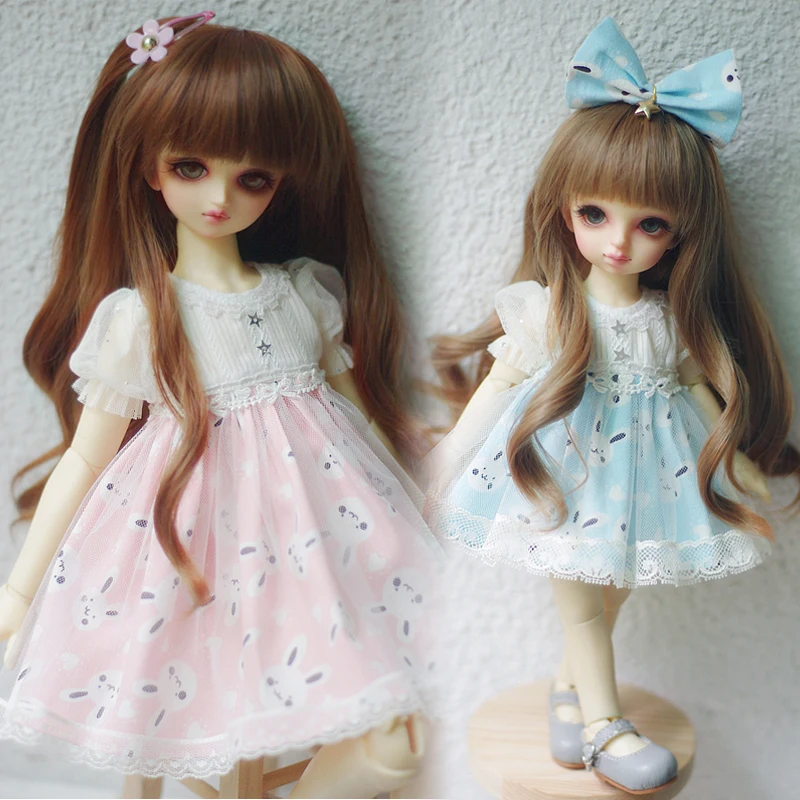 New BJD Doll Clothes Dress Fluffy Yarn skirt for 1/4 1/6 1/8 Lovely Pink/Blue Strawberry/Rabbit Dress Doll Accessories