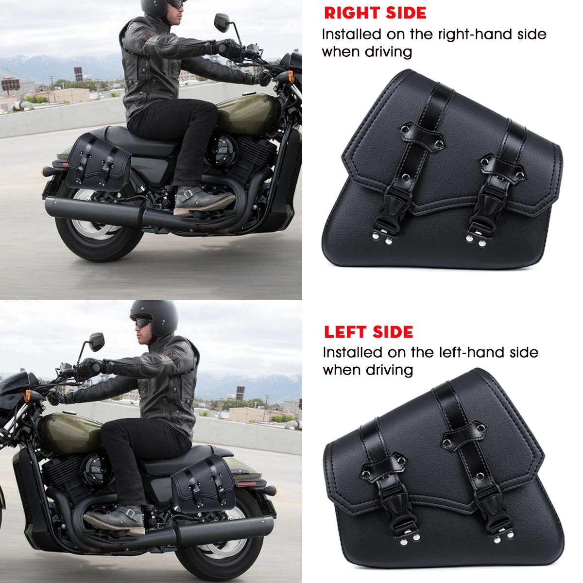 Motorcycle Saddlebags Side Tool Bag PU Leather Luggage Saddle Bag Pouch Black Universal