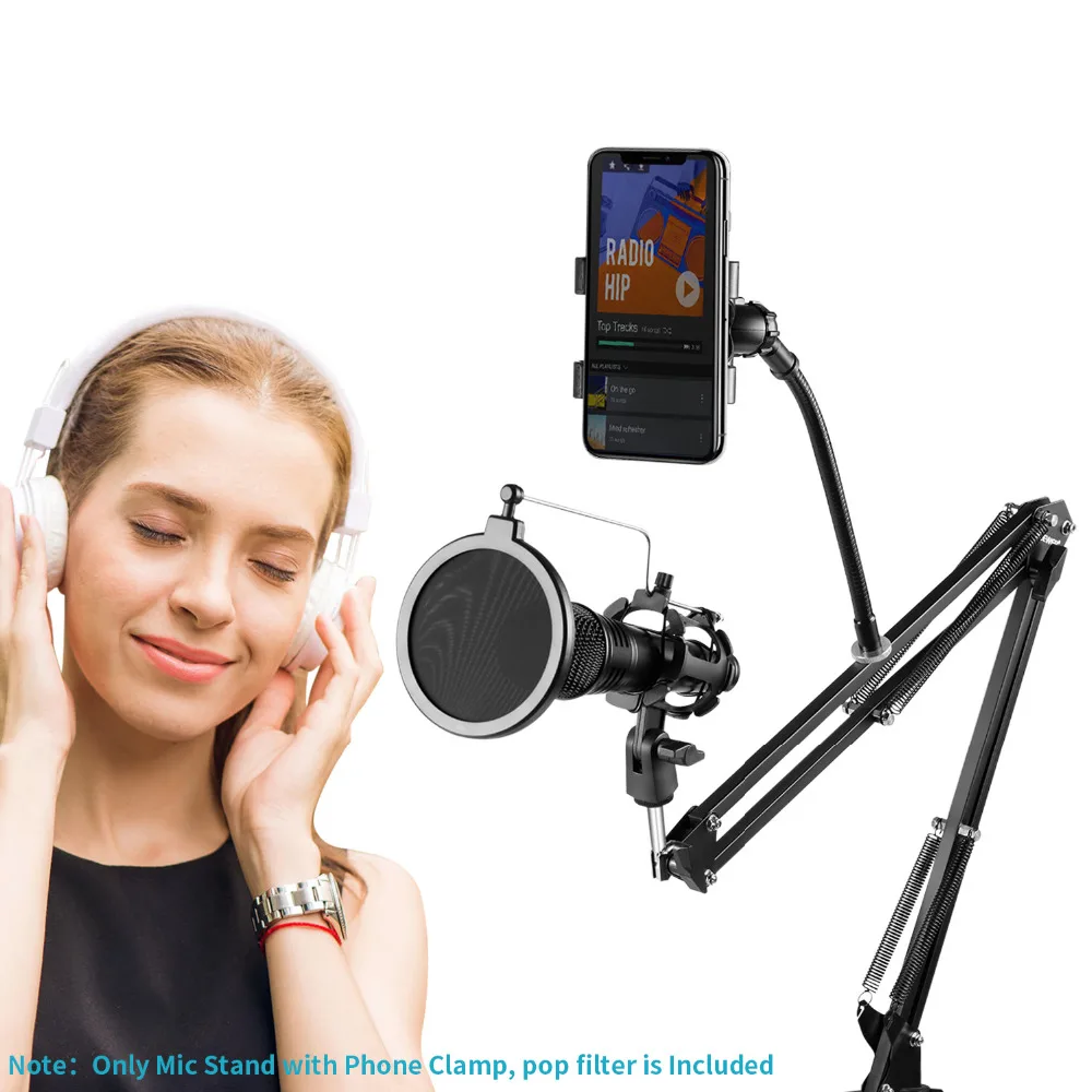 GAZ-103 Adjustable Recording Mic stand Arm Scissor Arm + Microphone Pop Filter + Shockproof Frame + Mobile Phone Hold