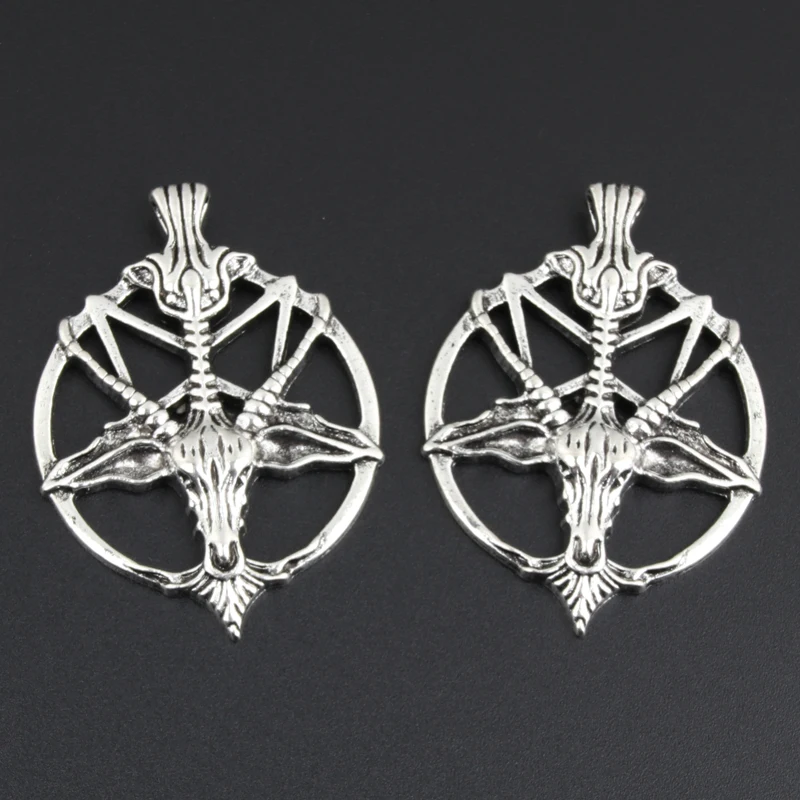 5pcs Silver Color 46.5x34.5mm Pan God Skull Goat Head Charms Pentagram Pendant Fit DIY Handmade Metal Jewelry Findings Supplies