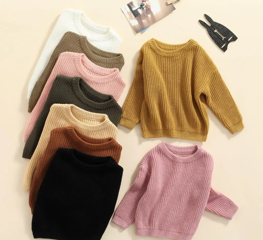 Winter Fall Baby Infant Woolen Sweater Boys Girls Solid Color Round Neck Long Sleeve Knitted Pullovers Sweaters Tops