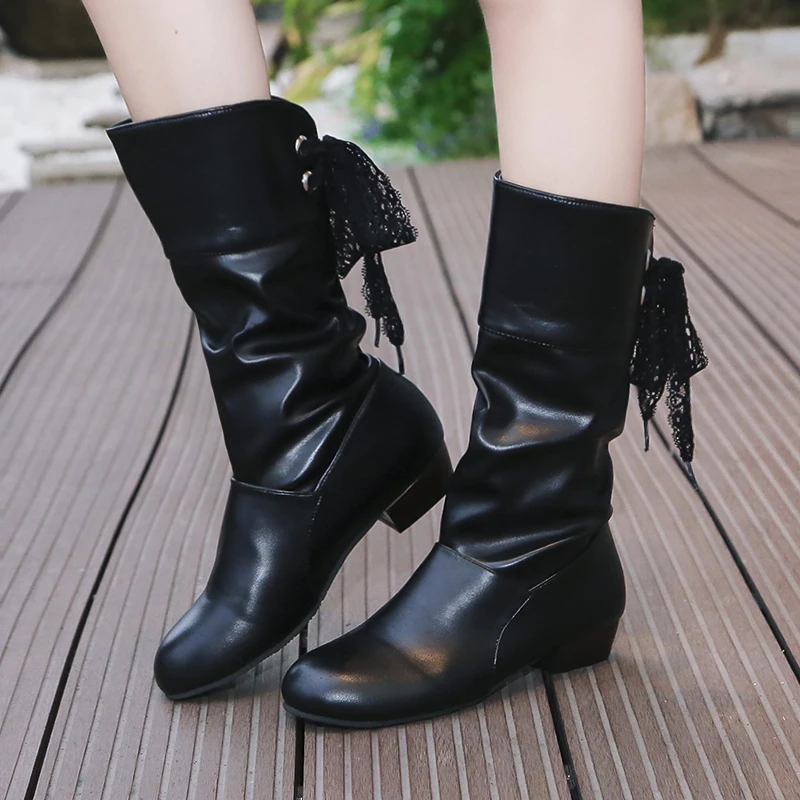 Plus Size 35-43 Women Middle calf Boots Back Lace Up Low Heels Winter Shoes Black Botines White Botas Mujer Female Snow Boot Red