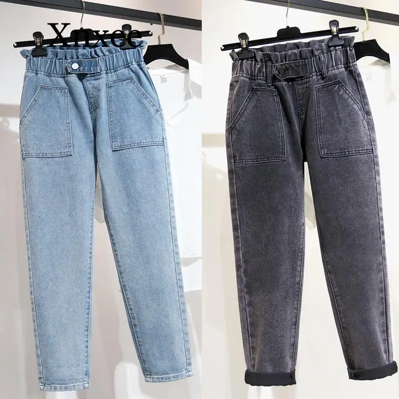 

loose long Jeans woman high waist Elastic Loose Softener Mom Ankle-length denim Harem Pants harem pocket