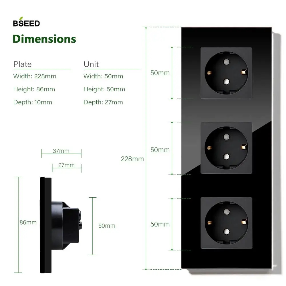 BSEED EU Standard Wall Sockets Single Powerful Outlets Black Double Frame Sockets Glass Panel Triple Sockets Kids Protection 16A