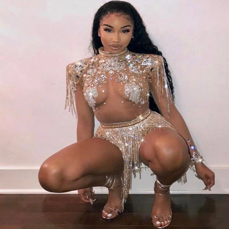 

Sparkly Rhinestones Chains Fringes Outfit See Through Shining Big Crystals Mesh Sexy Bodysuit Nightclub Party Wear costume