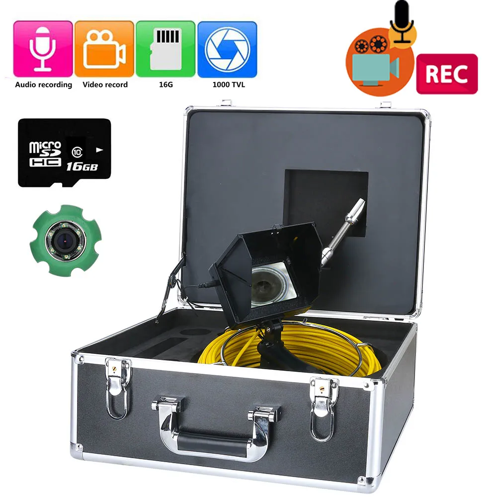 

20M 30M 50M Sewer Pipe Inspection Video Camera, 16GB TF Card DVR IP68 Drain Sewer Pipeline Industrial Endoscope with 4.3 Monitor