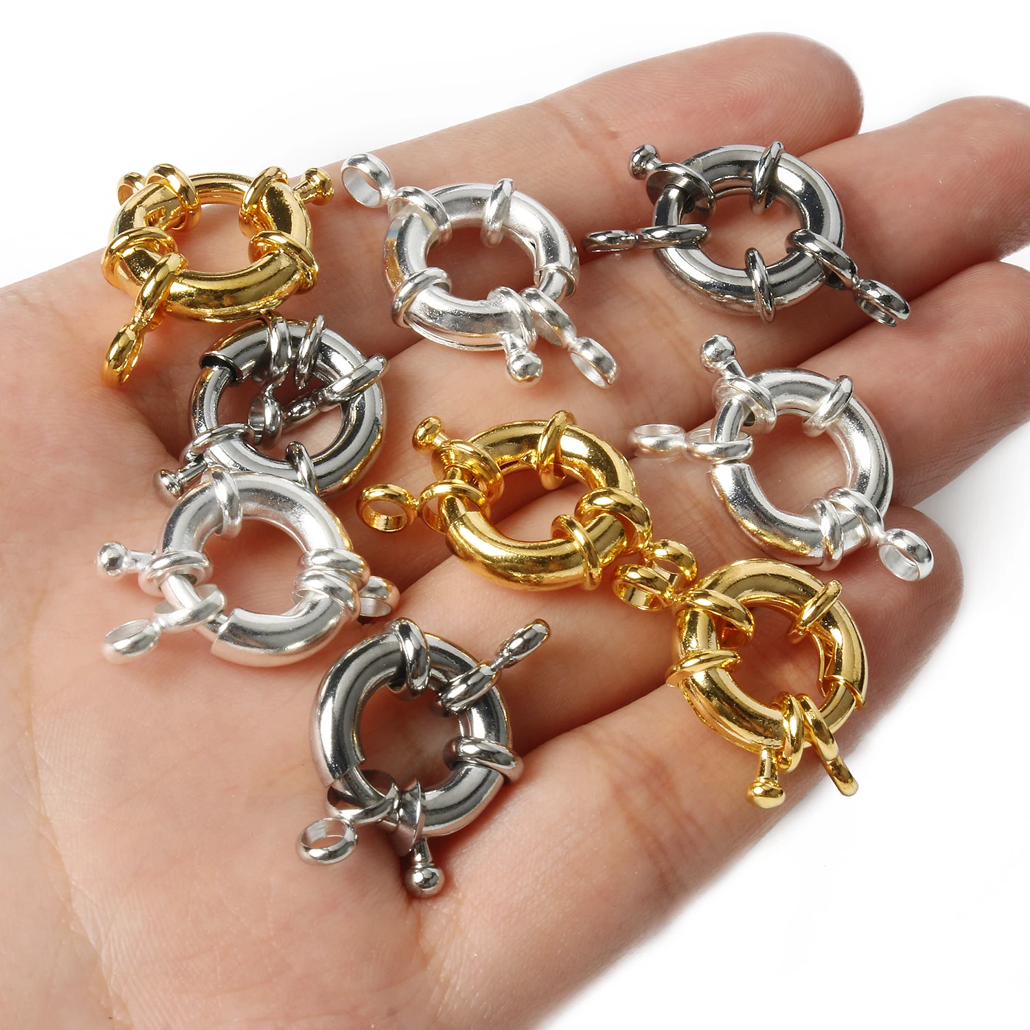 5pcs/lot 11/13/15mm Gold/Silver Color Round spring clasp for jewelry making Copper Sailor Clasp Connector Necklace Accessories