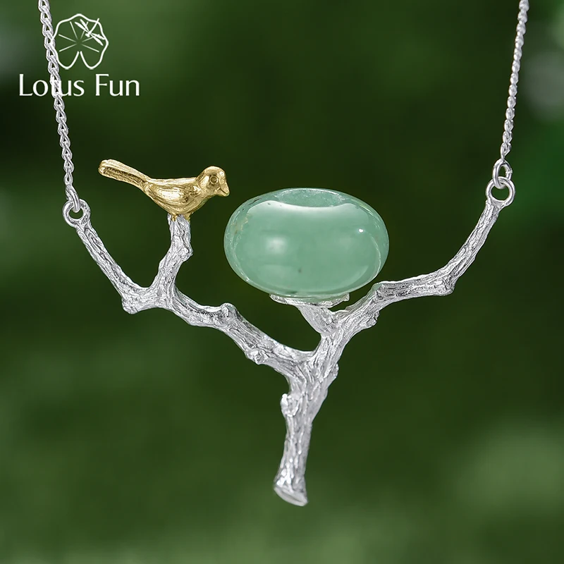 Lotus Fun Real 925 Sterling Silver Natural Aventurine Stone Handmade Fine Jewelry Retray Bird Necklace with Pendant for Women