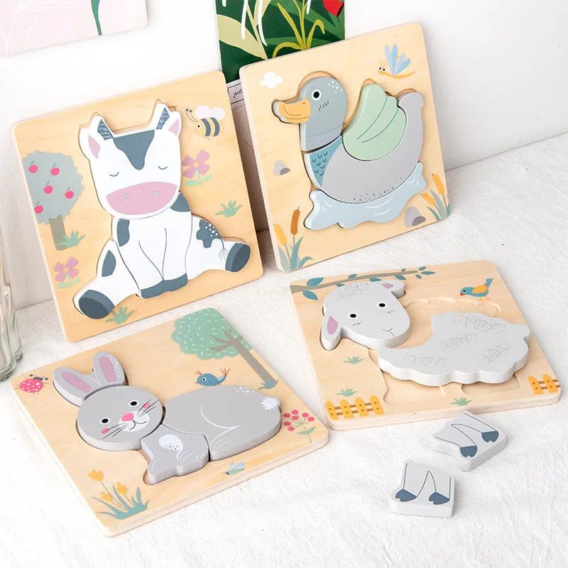 Wooden Jigsaw Puzzle Rabbit Cow Sheep Duck Kawaii Puzzles Clever Board Game Montessori Materials Educational Toys For Children