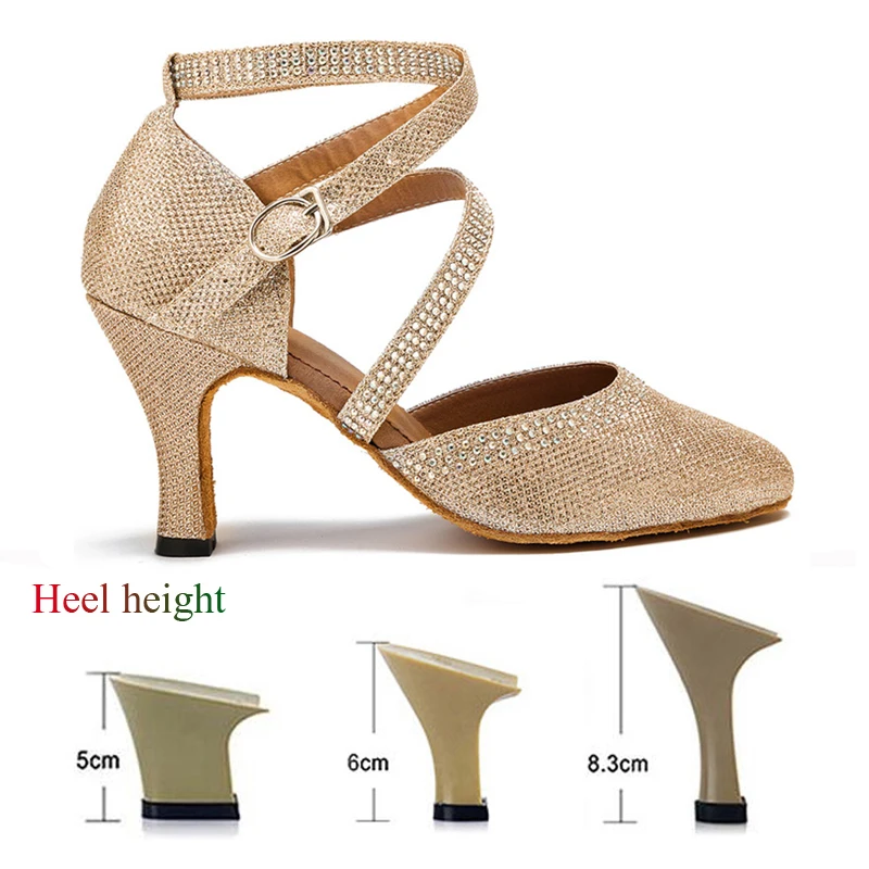 Latin Dance Shoes Ladies Salsa Jazz Ballroom Tango Girls High Heel Dance Shoes Closed Toe Rhinestone Gold and Silver