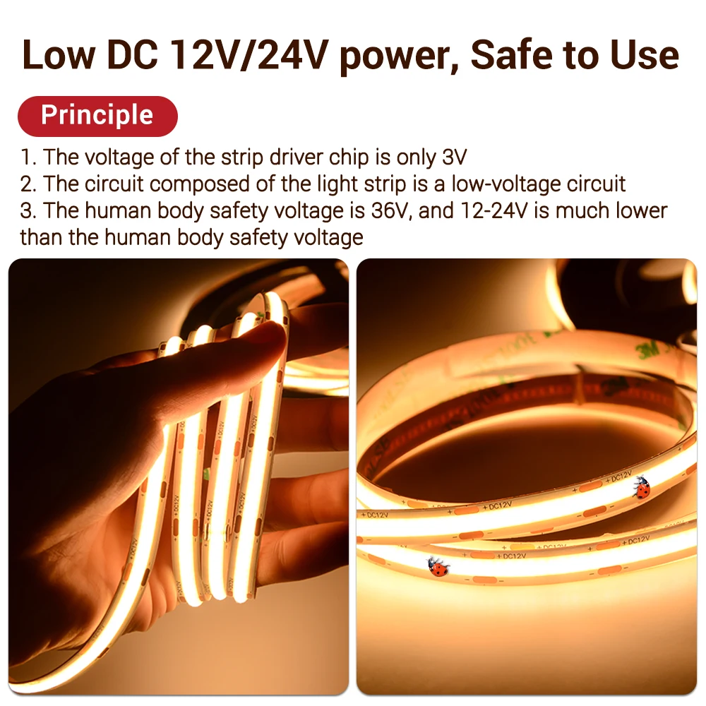 Flexible COB LED Strip Light DC 12V 24V 8mm 480 leds/M FOB High Density Tape Ribbon RA90 2700K 3000K 4000K 6000K Linear Dimmable