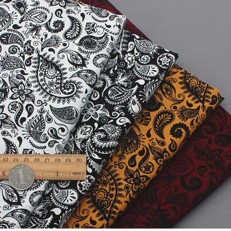 Popeline 100% coton, tissu rétro blanc, noir, ORANGE, jaune, rouge foncé, fleur de Paisley, pour robe d'été, chemisier artisanal