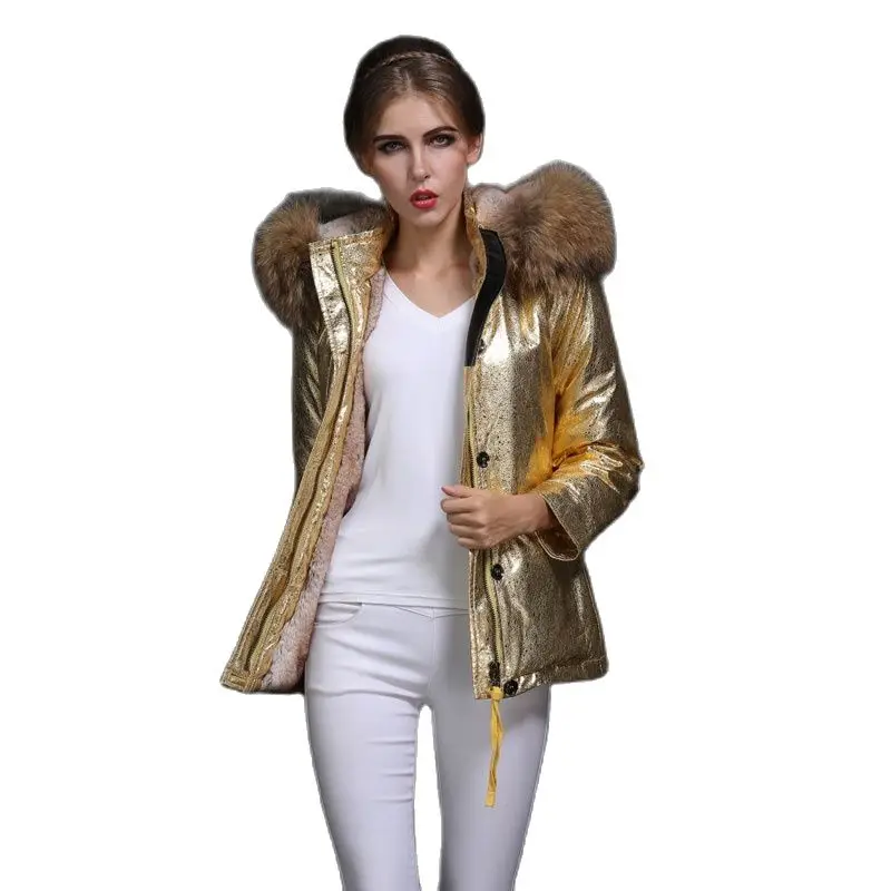 Golden Leather Short Fur Parka Natural Raccoon Fur Hoodies Mr or Ms Winter Down Fur Coat Wear