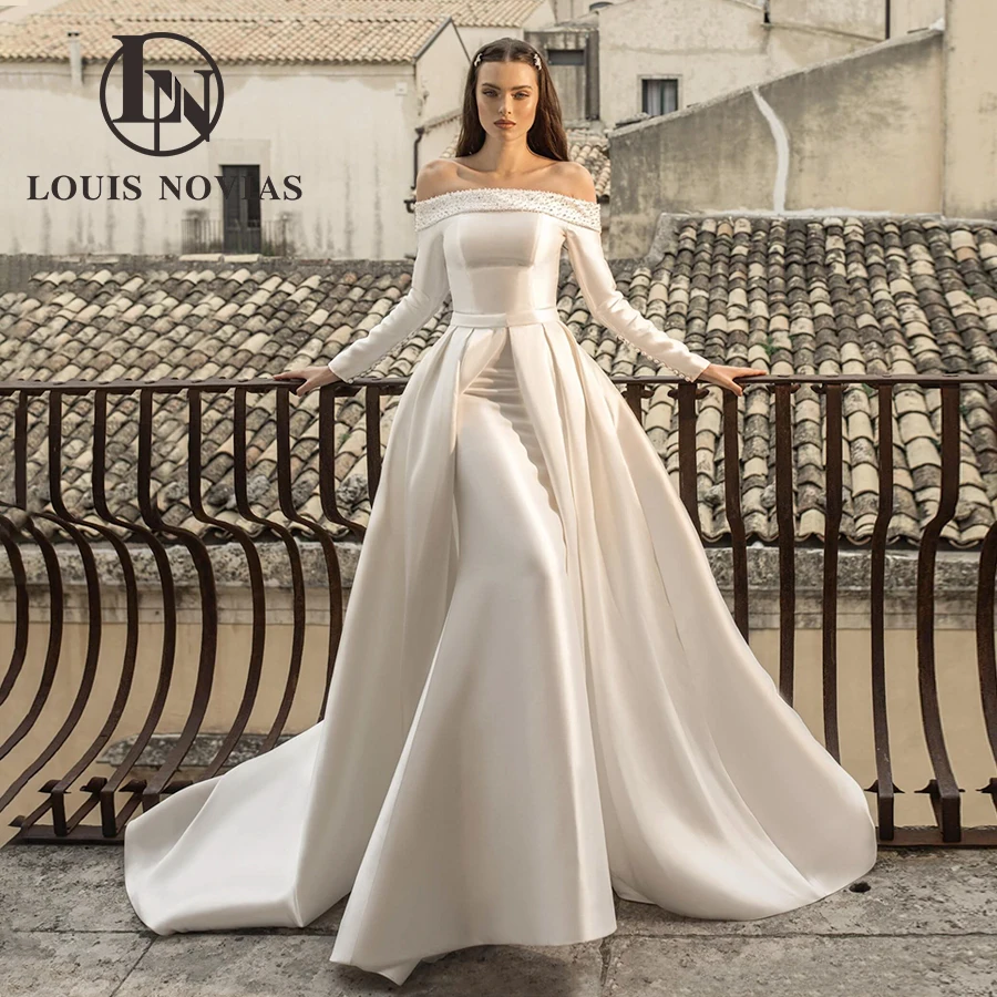 

LOUIS NOVIAS Mermaid Wedding Dresses For Women Sexy Simple Long Sleeve Satin Bridal Gown 2In1 Detachable Train Vestidos De Novia