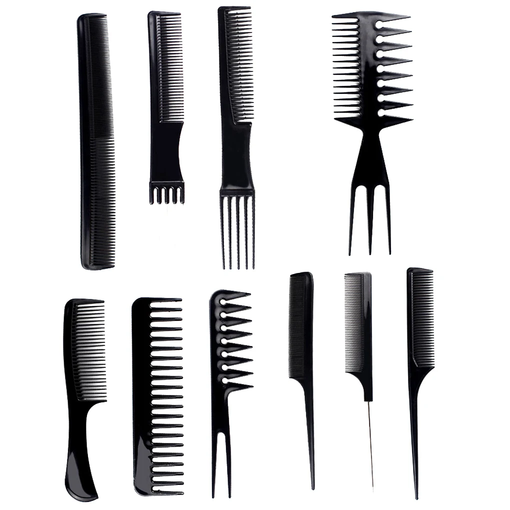 10pcs/lot Black Makeup Comb Set Styling Hairdressing Comb 10 Designs Barber Training Tail Comb Salon Studio HairCut Comb