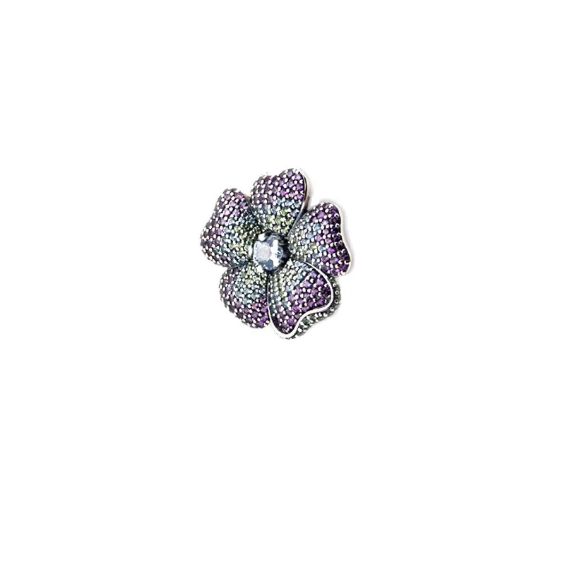 Glorious Bloom Pendant Multi Color CZ Flower Brooch for Women Crystal 925 Sterling Silver Jewelry Charm Beads for DIY Making